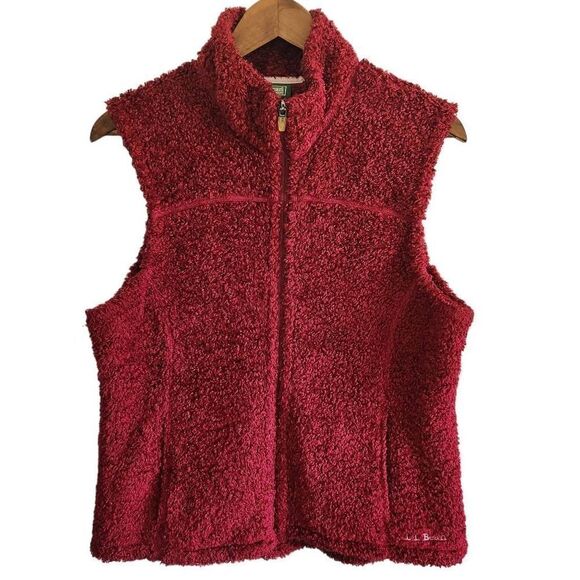 L.L. Bean Vest Women's Large Fuzzy Fleece Full Zip Burgundy Red - Picture 1 of 4